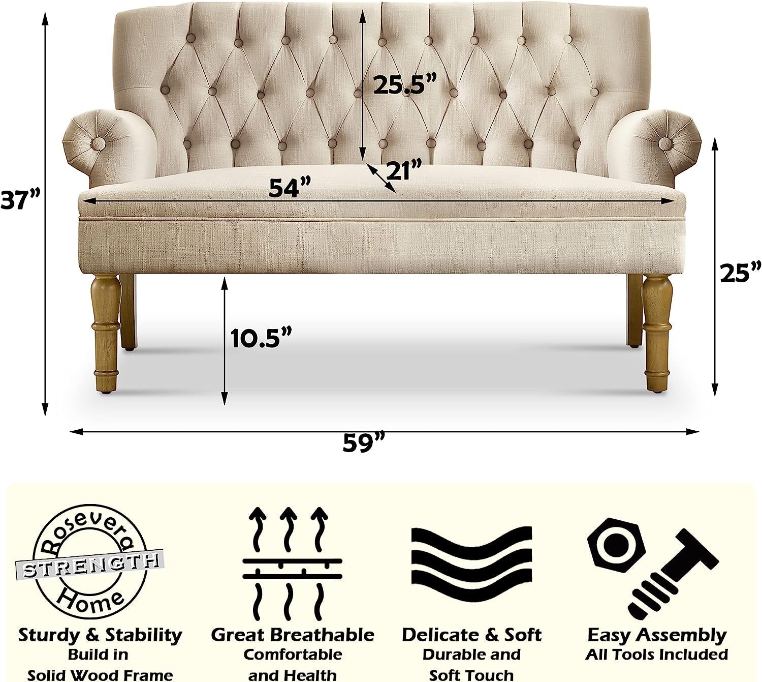 Warm Beige Tufted Linen Love Seat For Small Spaces Secondary image