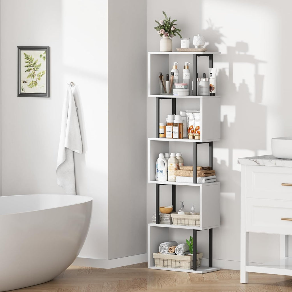 Five Tier Bookshelf White Bookcase Living Room Furniture