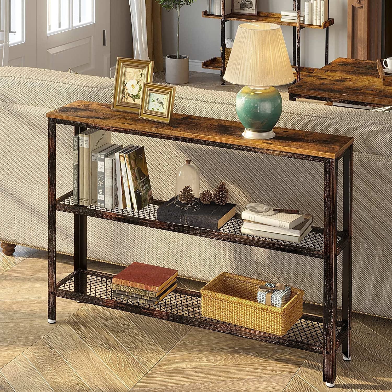 Rustic Console Table 47.25 Inch Long With Mesh Shelves