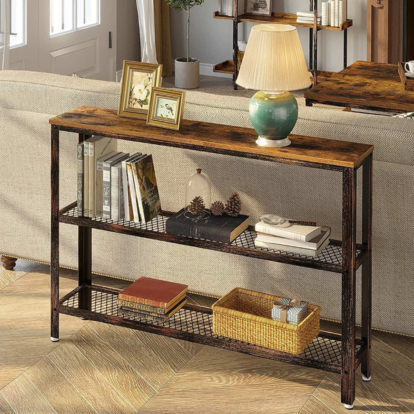 Rustic Console Table 47.25 Inch Long With Mesh Shelves