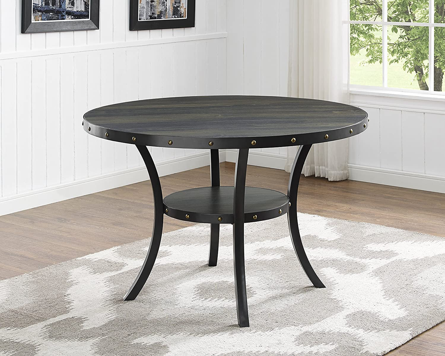 Tan Fabric Nailhead Dining Set 5 Piece Round Table Secondary image