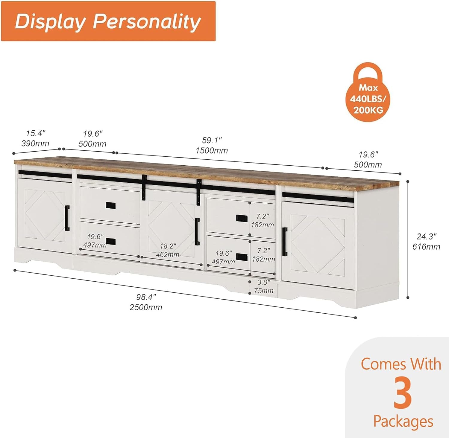 98.4 Inch Wide TV Stand Antique White For Living Room Secondary image
