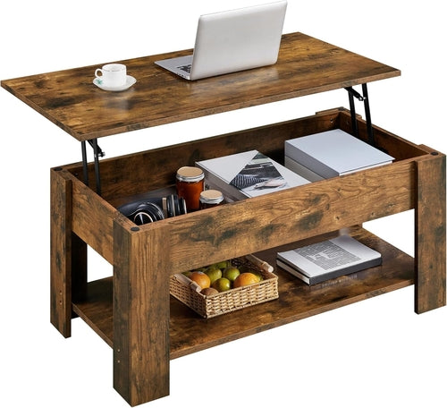 Coffee Table 47.5 Inch Lift Top With Hidden Compartment Rustic Brown