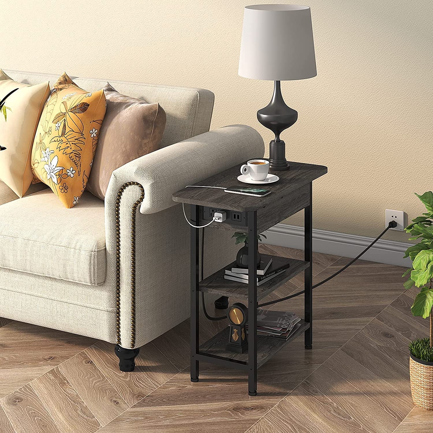 End Table With Charging Station And Flip Top Dark Grey For Small Main image