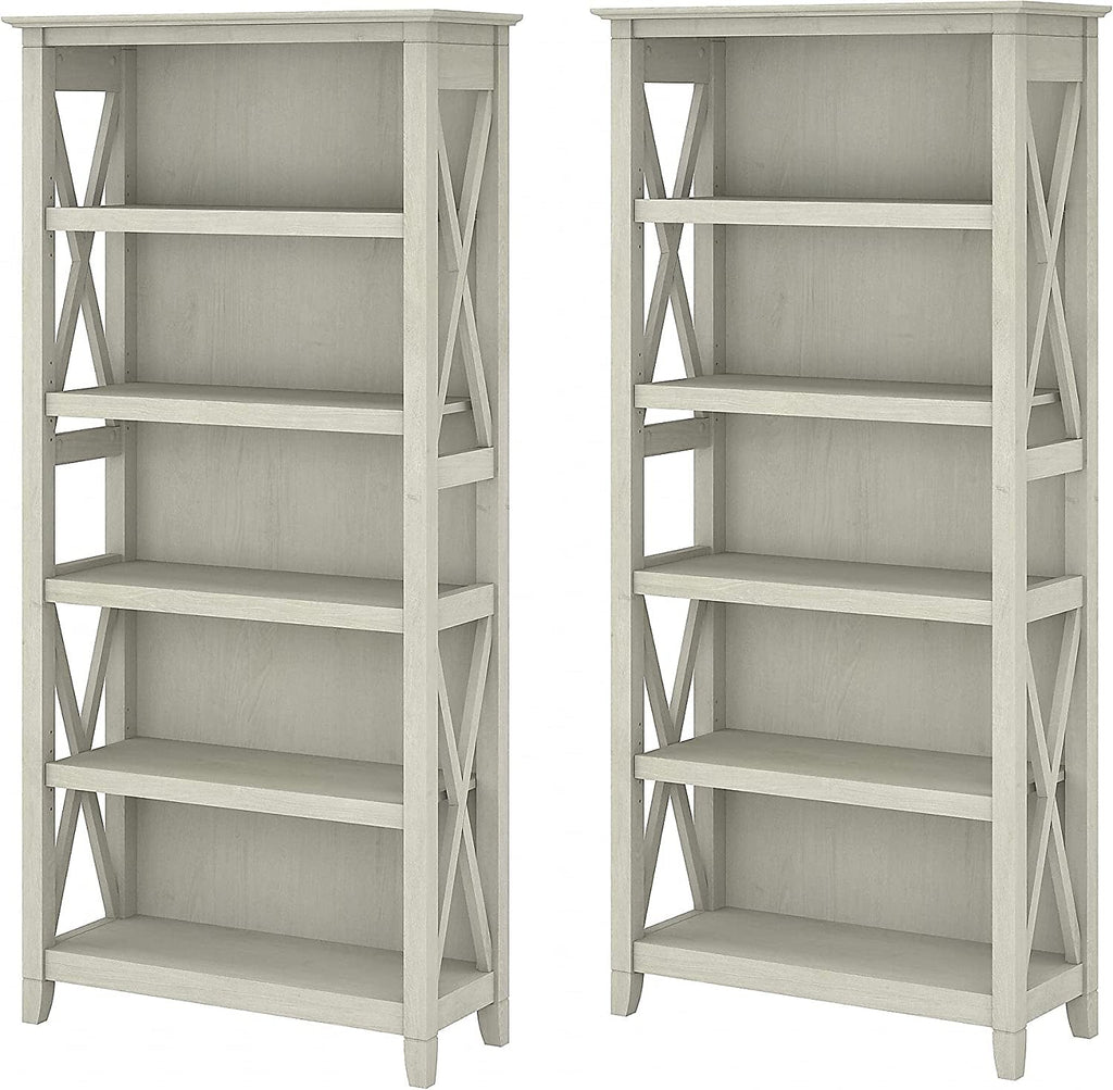 Linen White Oak 5 Shelf Bookcase Set 2 Tall 66H 32W 13D