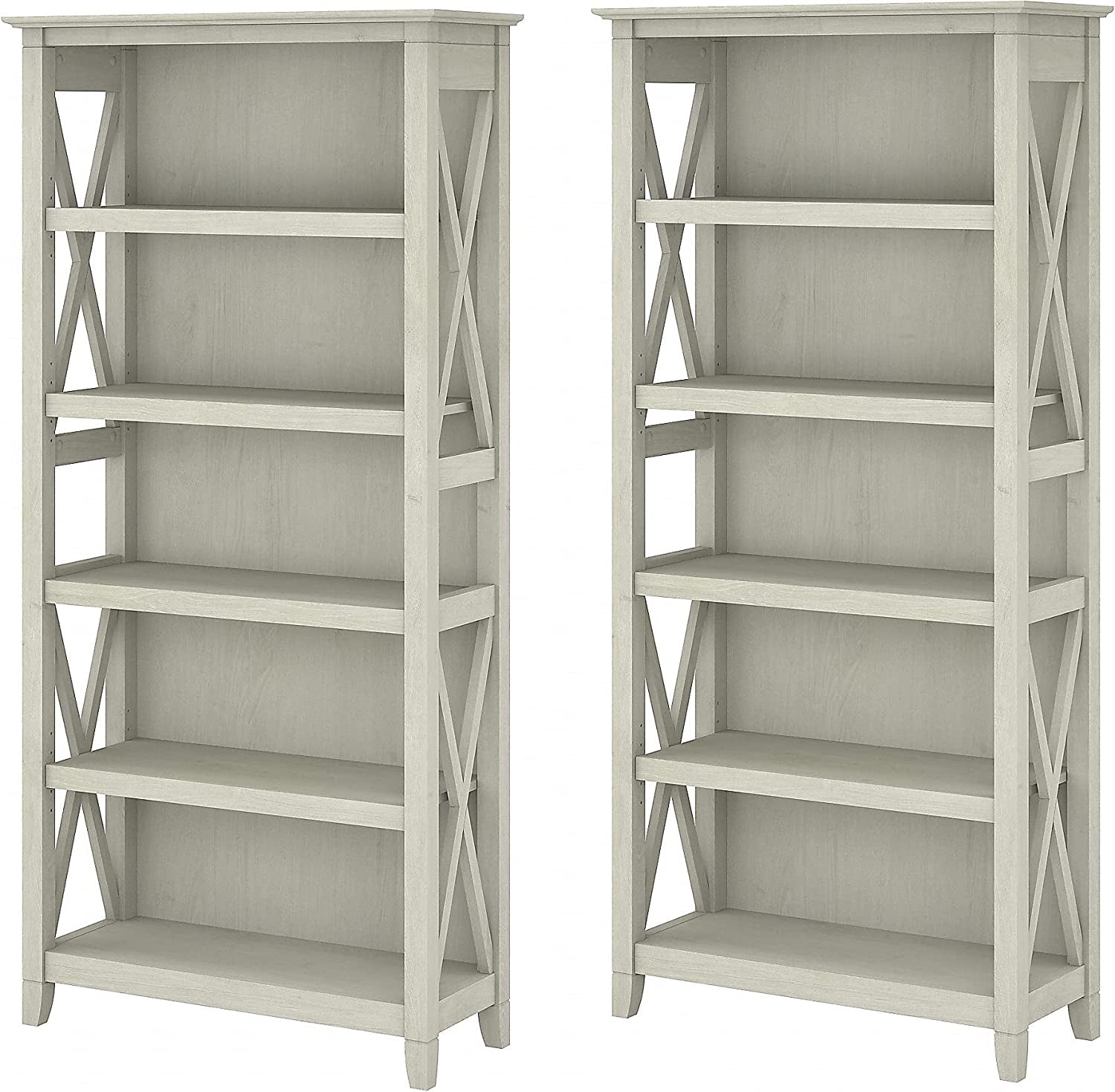 Linen White Oak 5 Shelf Bookcase Set 2 Tall 66H 32W 13D