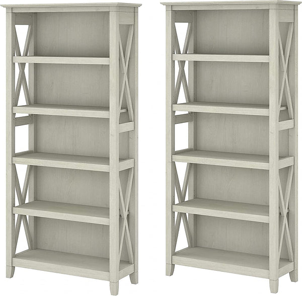 Linen White Oak 5 Shelf Bookcase Set 2 Tall 66H 32W 13D