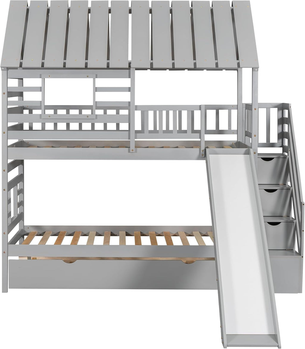 Twin Over Twin Bunk Bed With Slide For Kids Room Decor