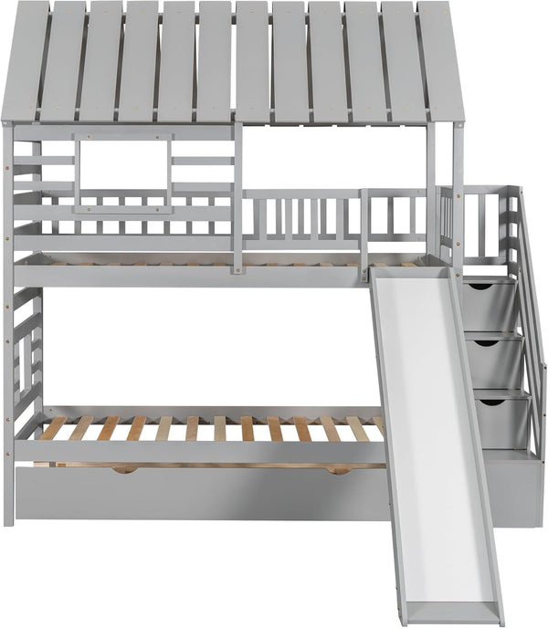 Twin Over Twin Bunk Bed With Slide For Kids Room Decor