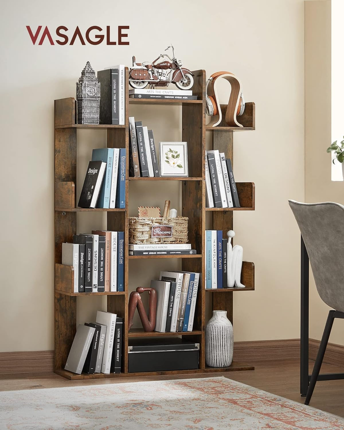 Tree Shaped Bookcase Rustic Brown Tall With 13 Shelves Main image