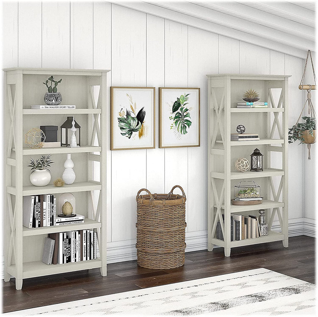 Linen White Oak 5 Shelf Bookcase Set 2 Tall 66H 32W 13D