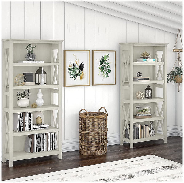 Linen White Oak 5 Shelf Bookcase Set 2 Tall 66H 32W 13D