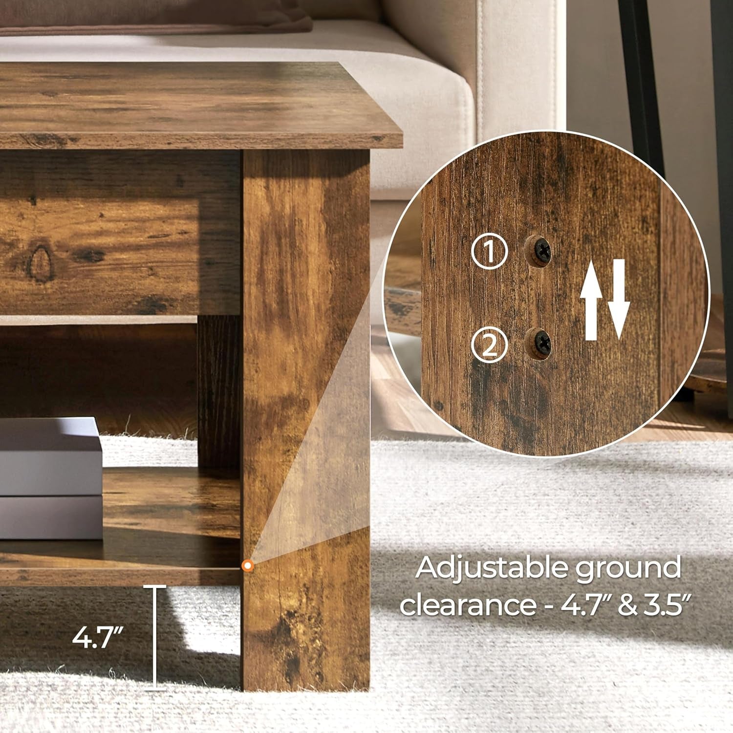 Coffee Table 47.5 Inch Lift Top With Hidden Compartment Rustic Brown