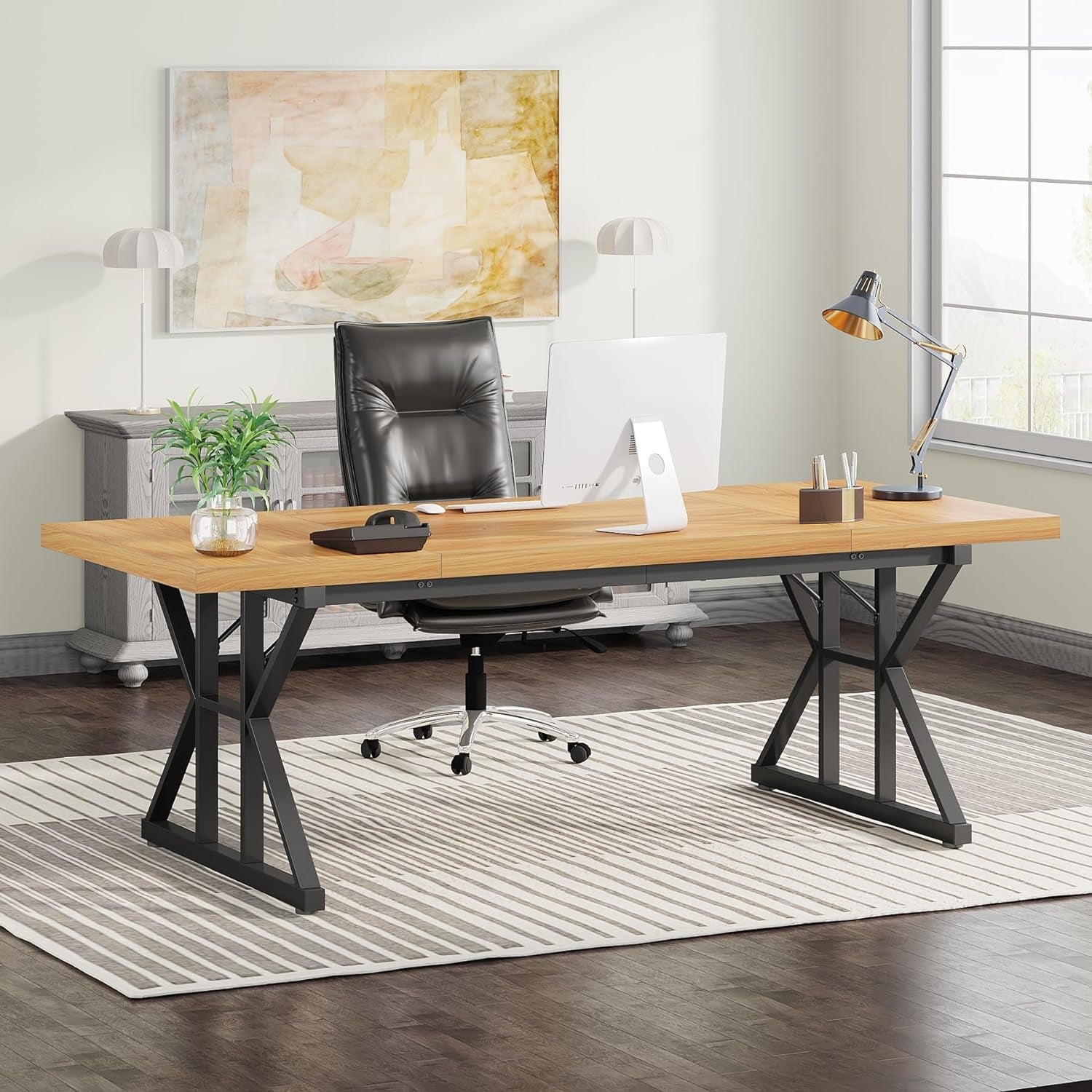 70.8 Inch Executive Desk Light Walnut Black Large Computer Office Desk Main image