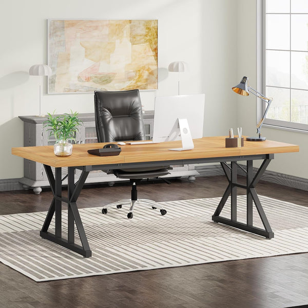 70.8 Inch Executive Desk Light Walnut Black Large Computer Office Desk