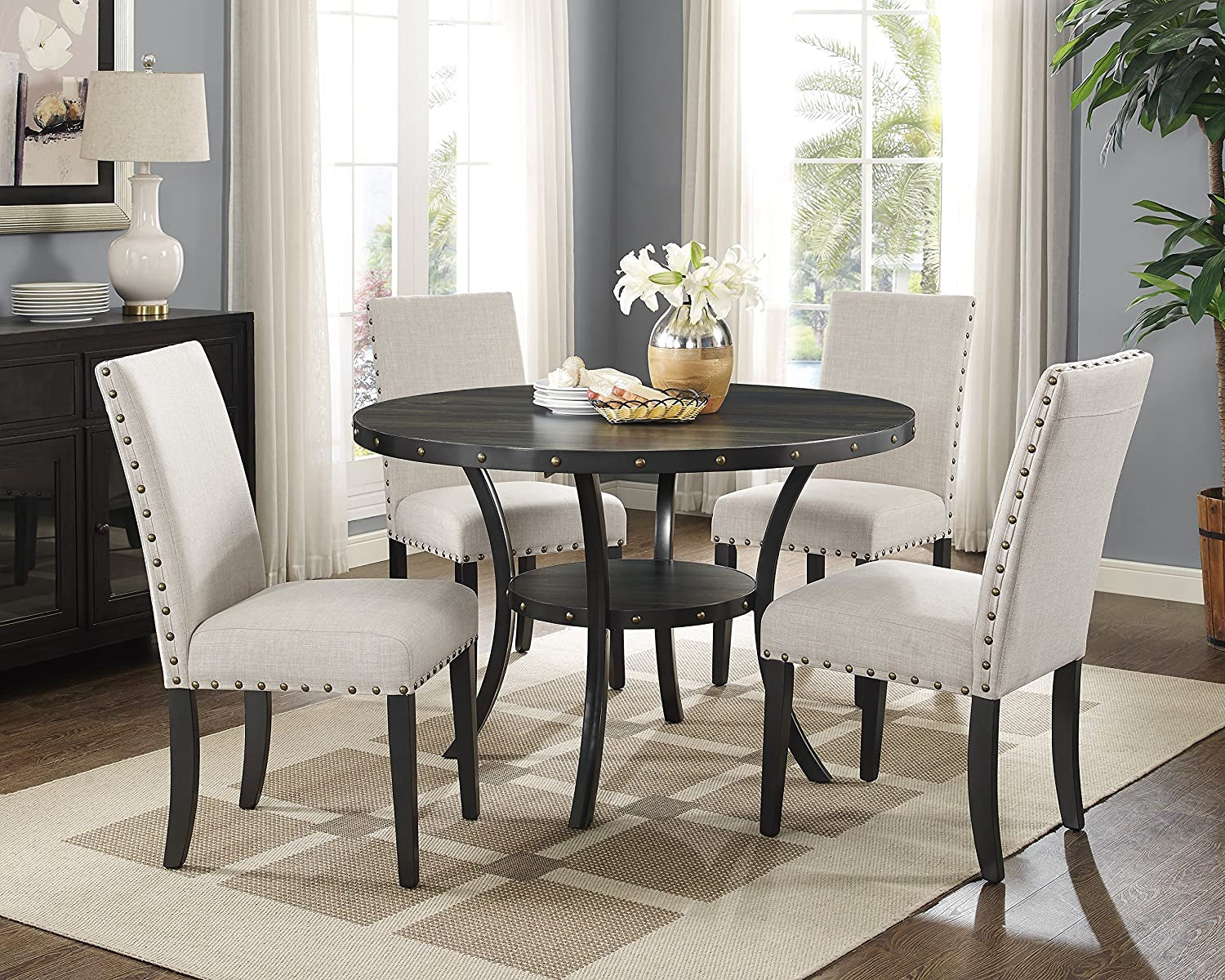 Tan Fabric Nailhead Dining Set 5 Piece Round Table Main image