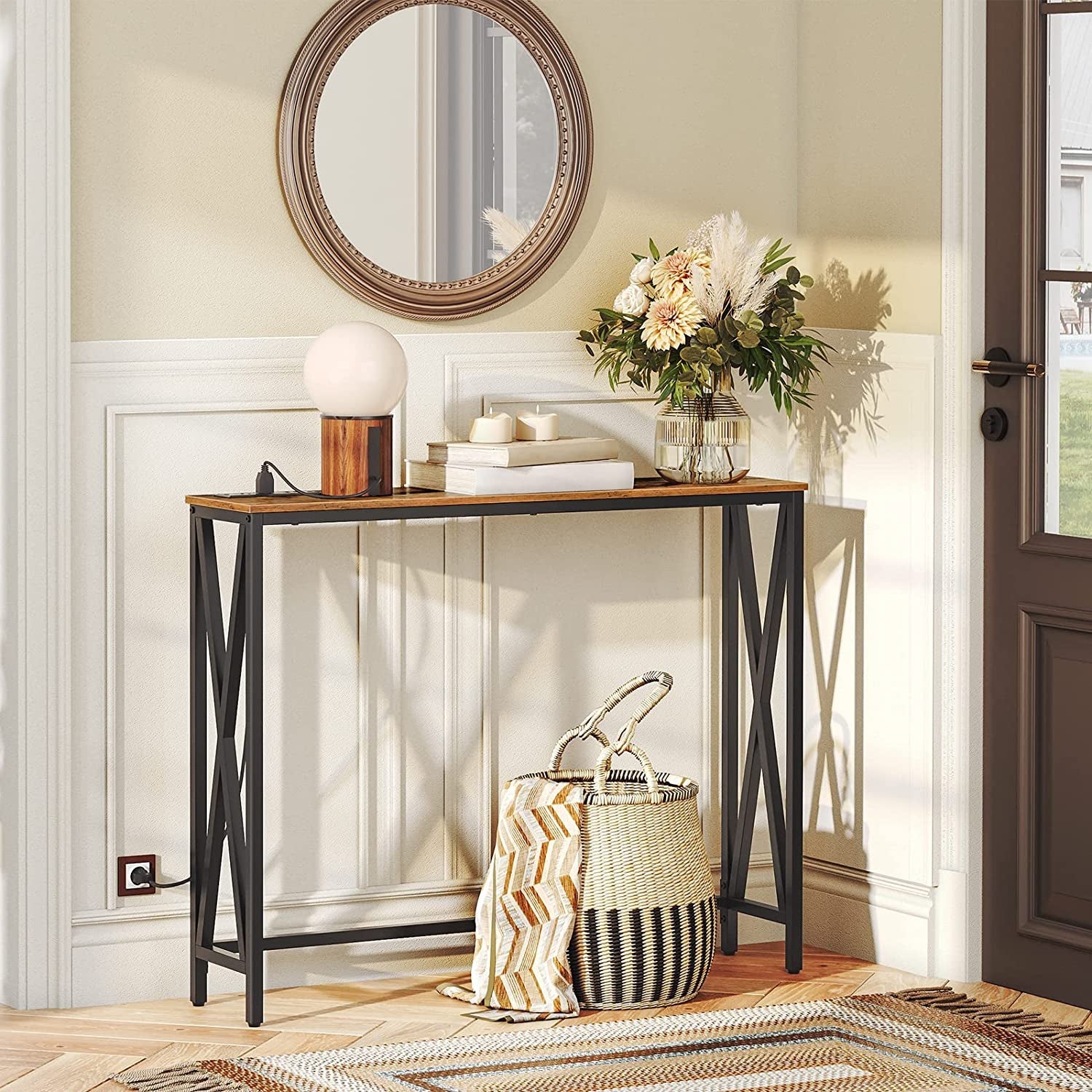 Rustic Brown Sofa Table With Power Outlet And USB Ports Main image