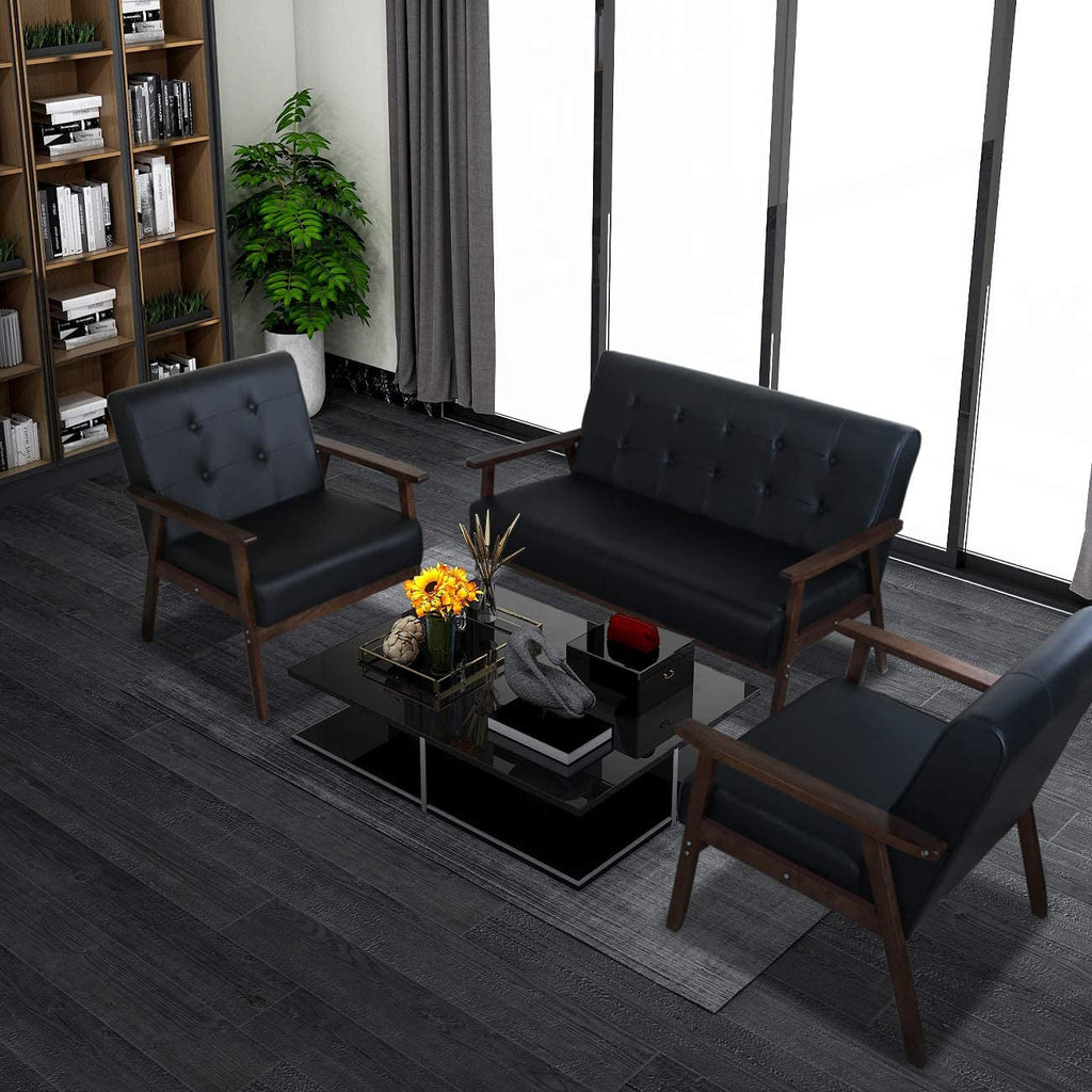 Mid Century 3 Piece Sofa And Chair Set With Black Wood Arms