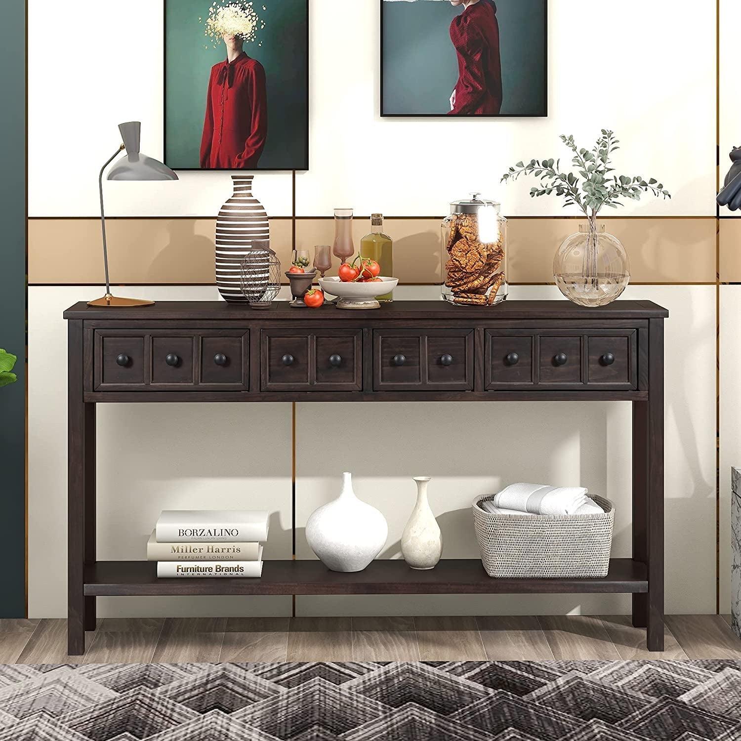 Rustic 60 Inch Console Table With Drawers And Shelf
