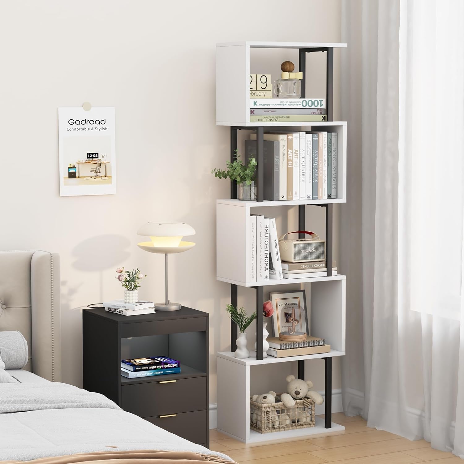 Five Tier Bookshelf White Bookcase Living Room Furniture Main image