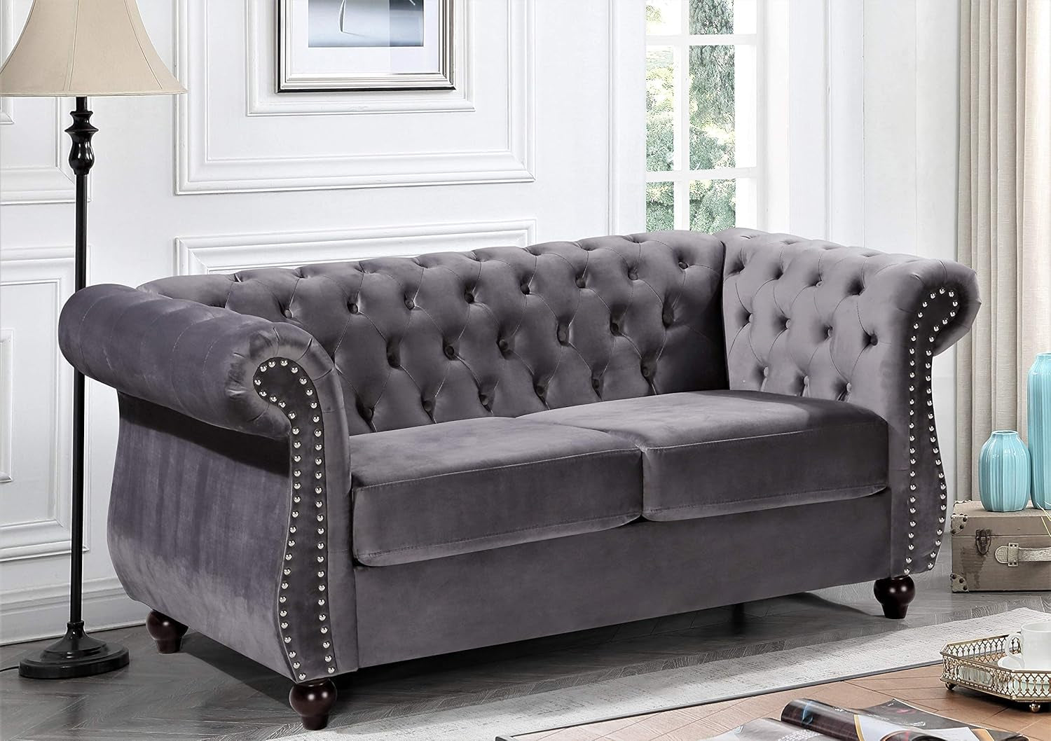Gray Velvet Loveseat Modern Living Room Furniture Sofa Main image