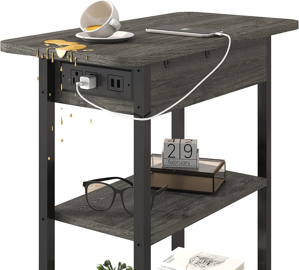 End Table With Charging Station And Flip Top Dark Grey For Small