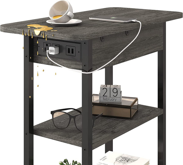 End Table With Charging Station And Flip Top Dark Grey For Small