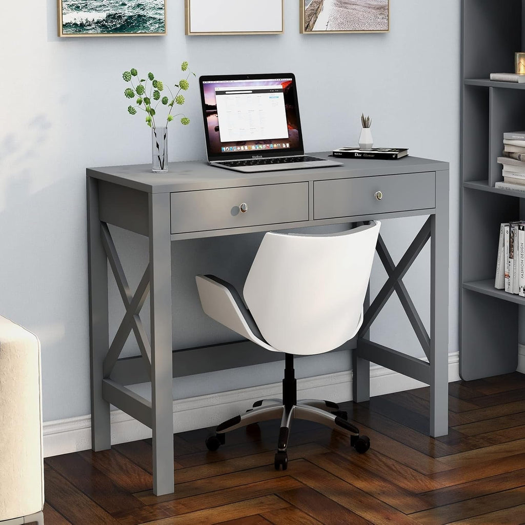 Home Office Desk Grey With Two Drawers Computer Table