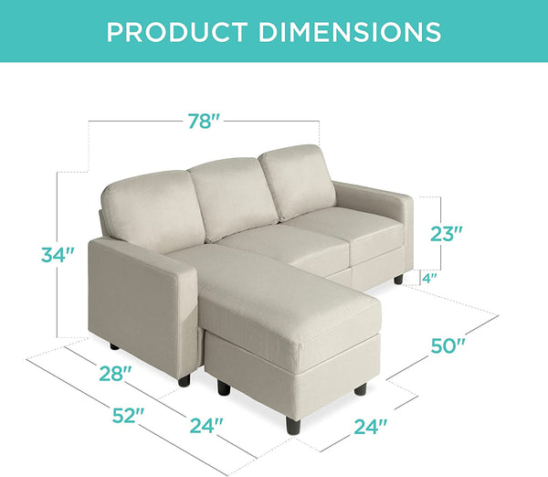 Compact Beige Linen Sectional Sofa With Chaise And Reversible Ottoman
