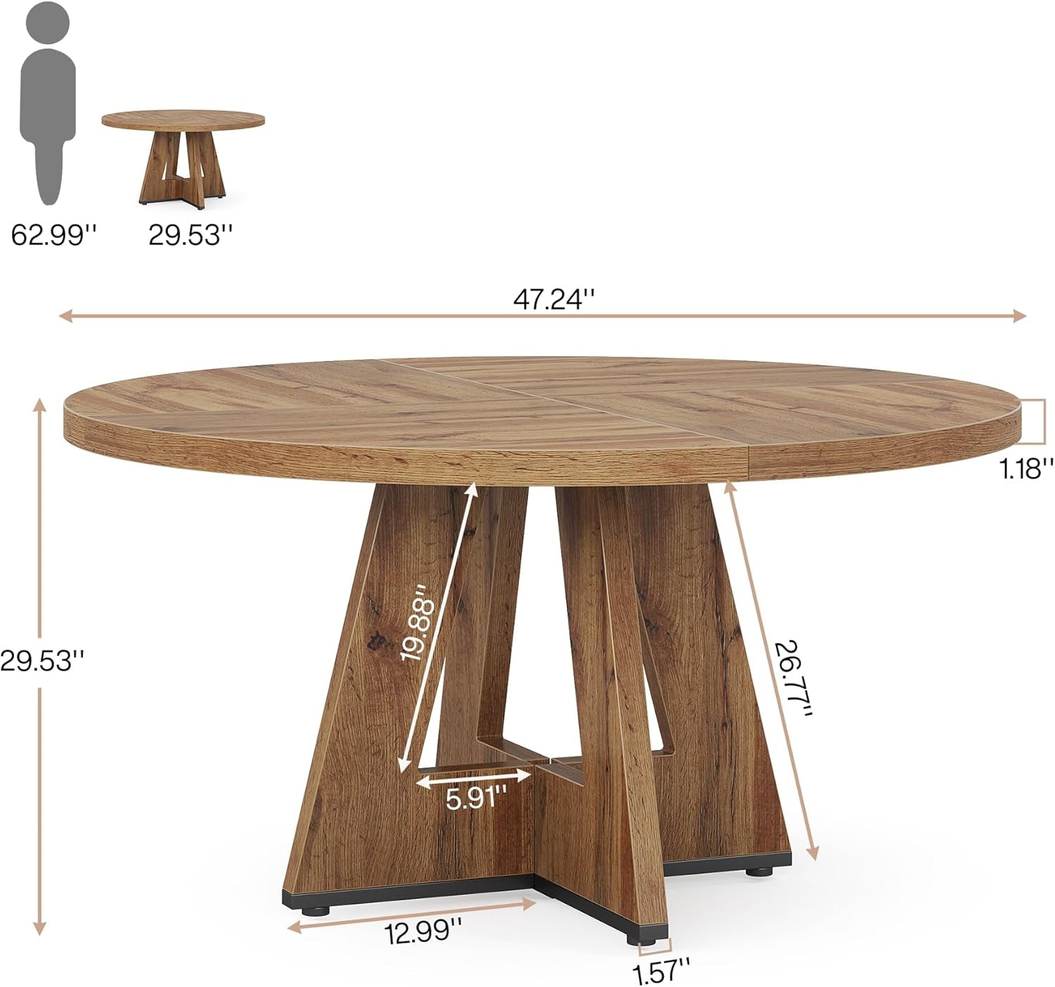 Round 47 Inch Farmhouse Dining Table For Four Kitchen Living Room Wood Main image