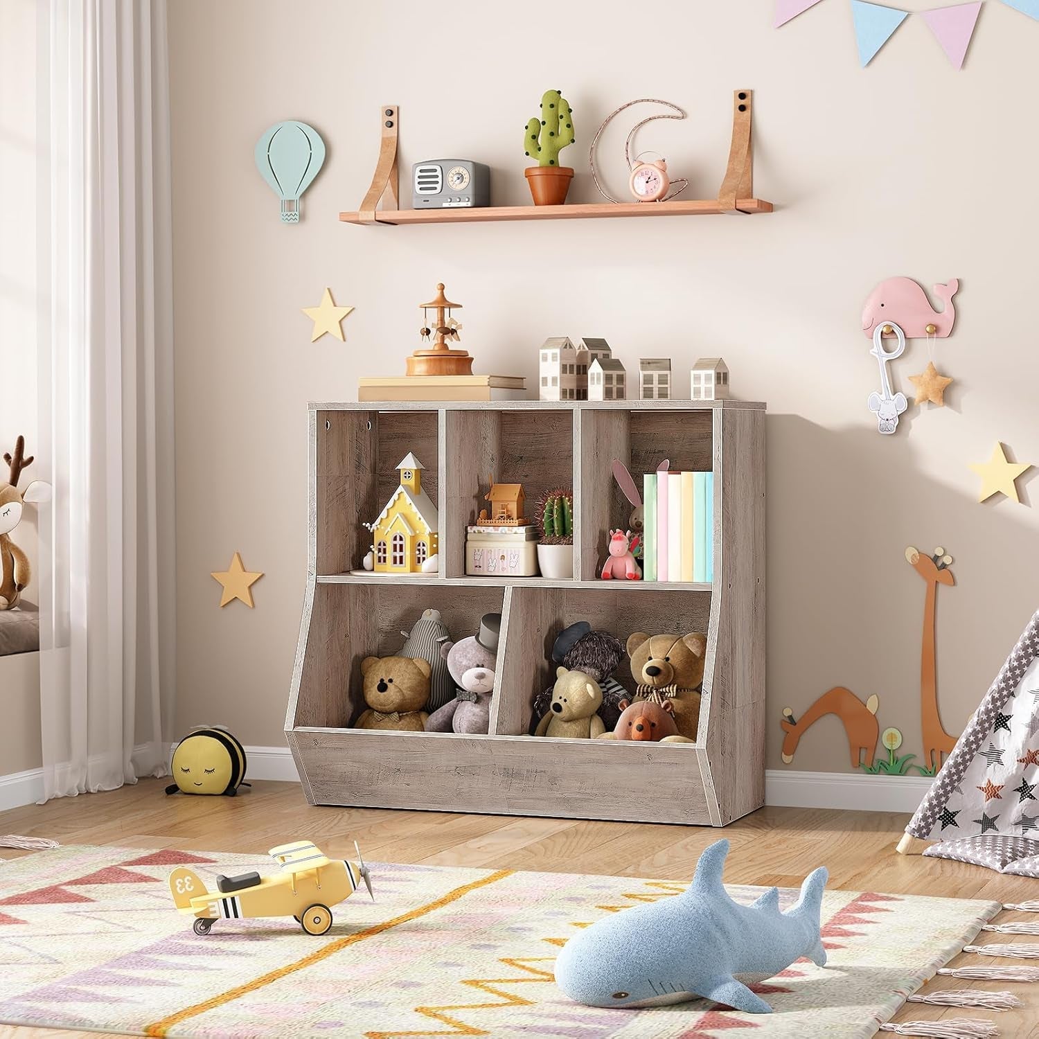 Kids Bookshelf Toy Storage Cabinet 35 Inch Long Greige Main image