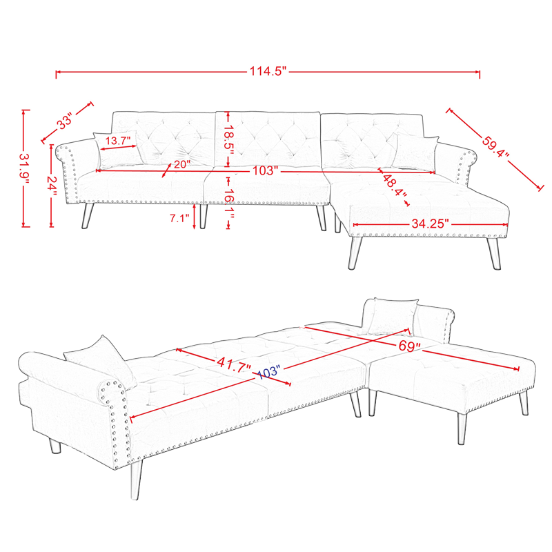 Velvet L-Shaped Sofa Bed – Reversible Sectional Sleeper with Solid Wood Frame