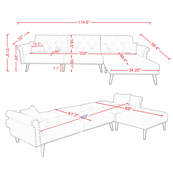 Velvet L-Shaped Sofa Bed – Reversible Sectional Sleeper with Solid Wood Frame