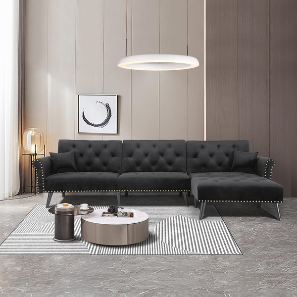 Velvet L-Shaped Sofa Bed – Reversible Sectional Sleeper with Solid Wood Frame