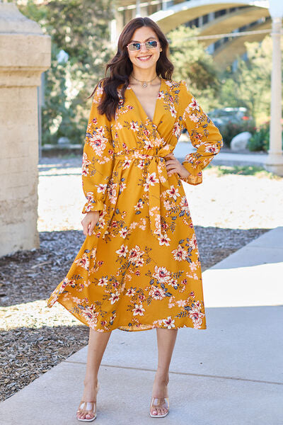 Double Take Full Size Floral Tie Back Flounce Sleeve Dress Main image