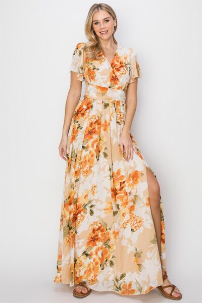 HYFVE Floral Tie Back Short Sleeve Slit Maxi Dress Main image