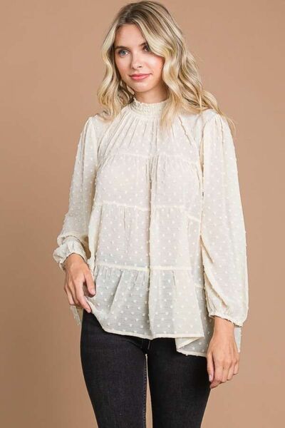 Culture Code Full Size Swiss Dot Smocked Mock Neck Blouse Main image