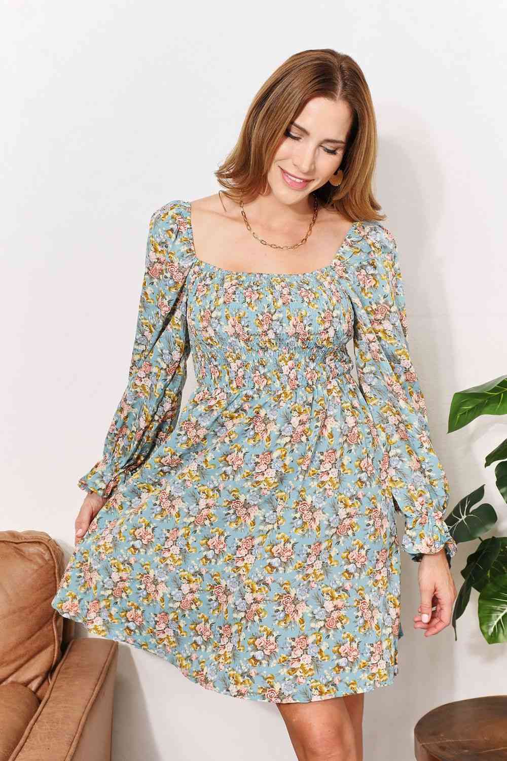 Double Take Floral Smocked Flounce Sleeve Square Neck Dress Main image