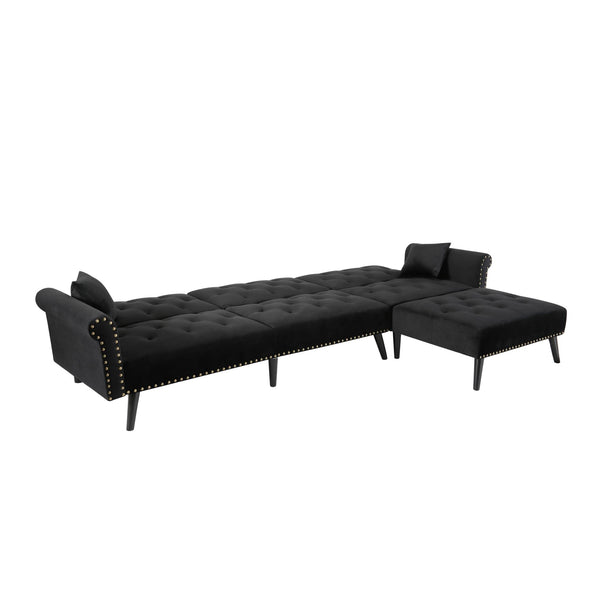 Velvet L-Shaped Sofa Bed – Reversible Sectional Sleeper with Solid Wood Frame