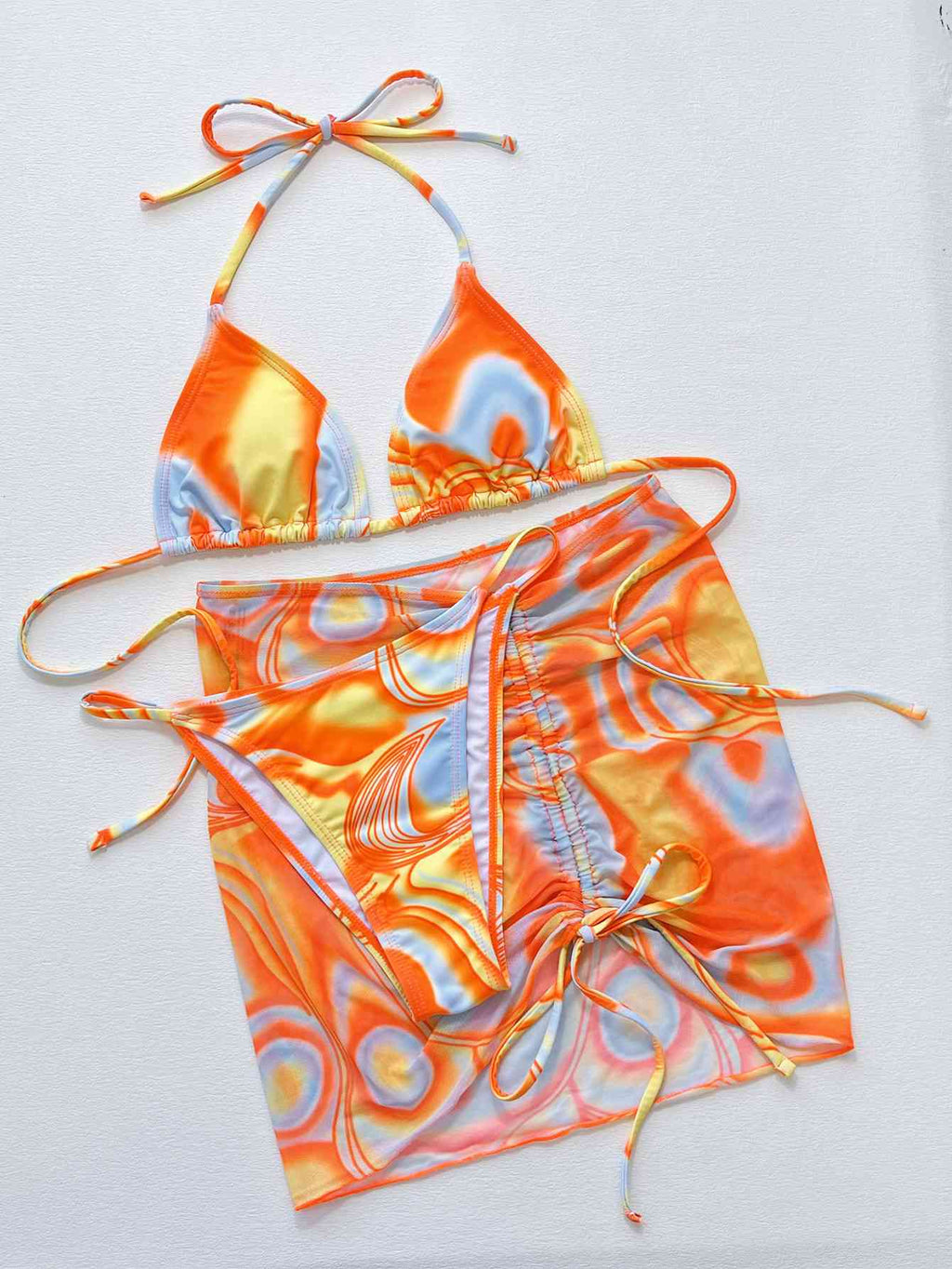 Colorful Drawstring Ruched Three-Piece Bikini Set – Women's Beach Swimwear
