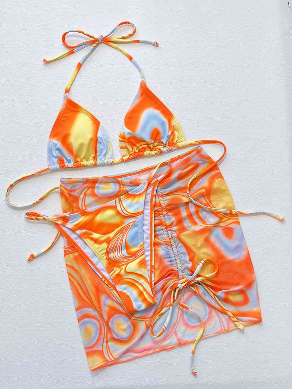 Colorful Drawstring Ruched Three-Piece Bikini Set – Women's Beach Swimwear
