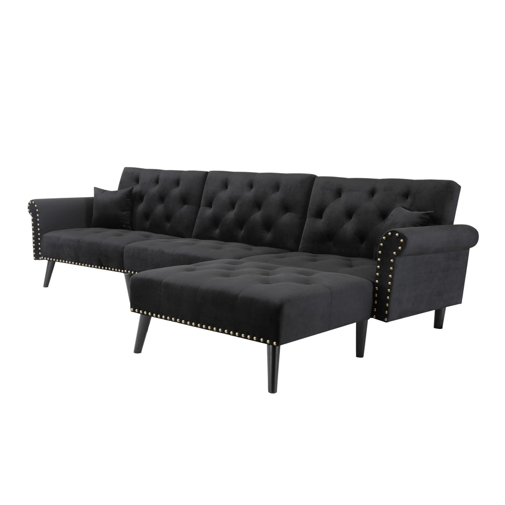 Velvet L-Shaped Sofa Bed – Reversible Sectional Sleeper with Solid Wood Frame