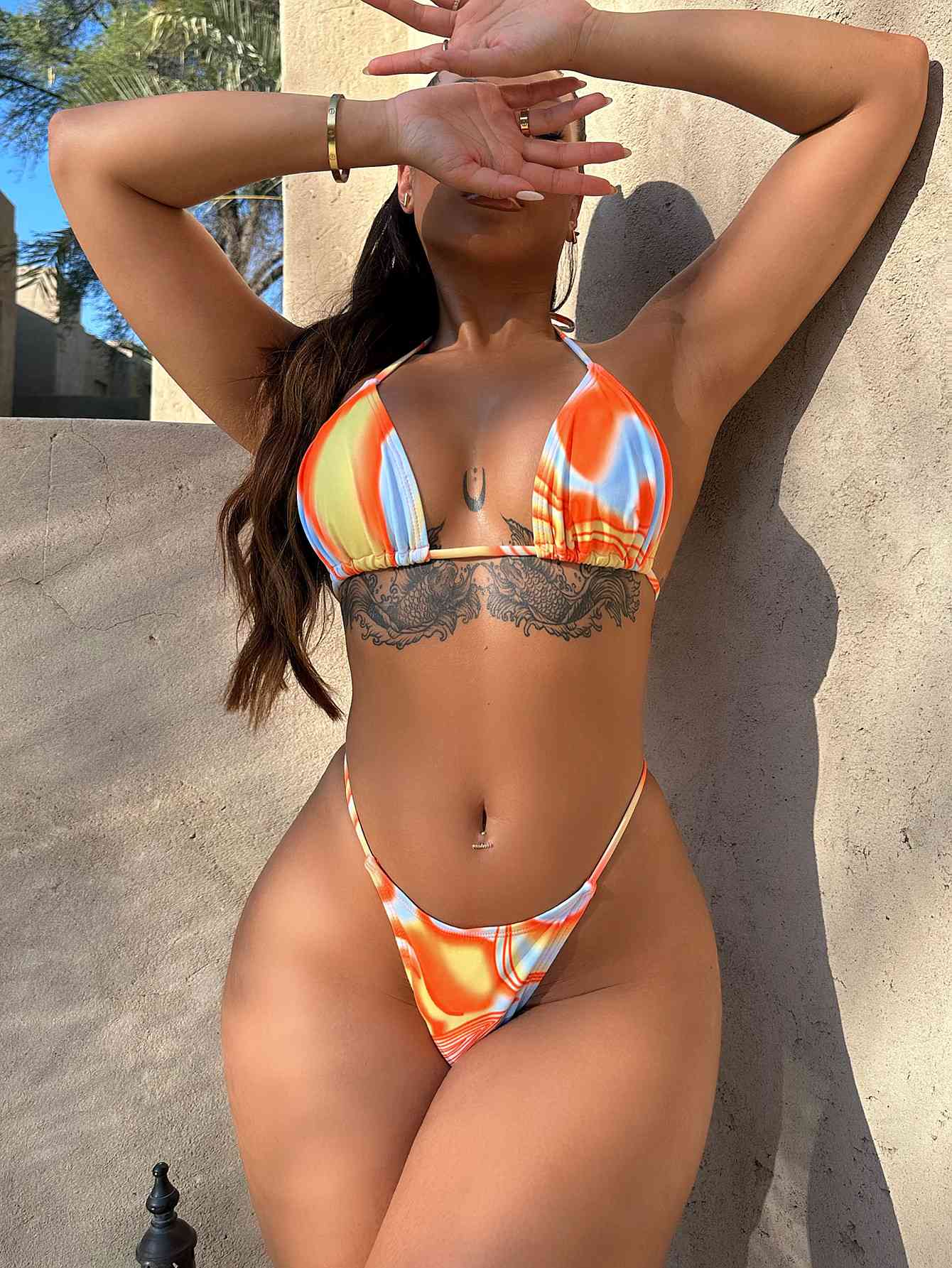 Colorful Drawstring Ruched Three-Piece Bikini Set – Women's Beach Swimwear