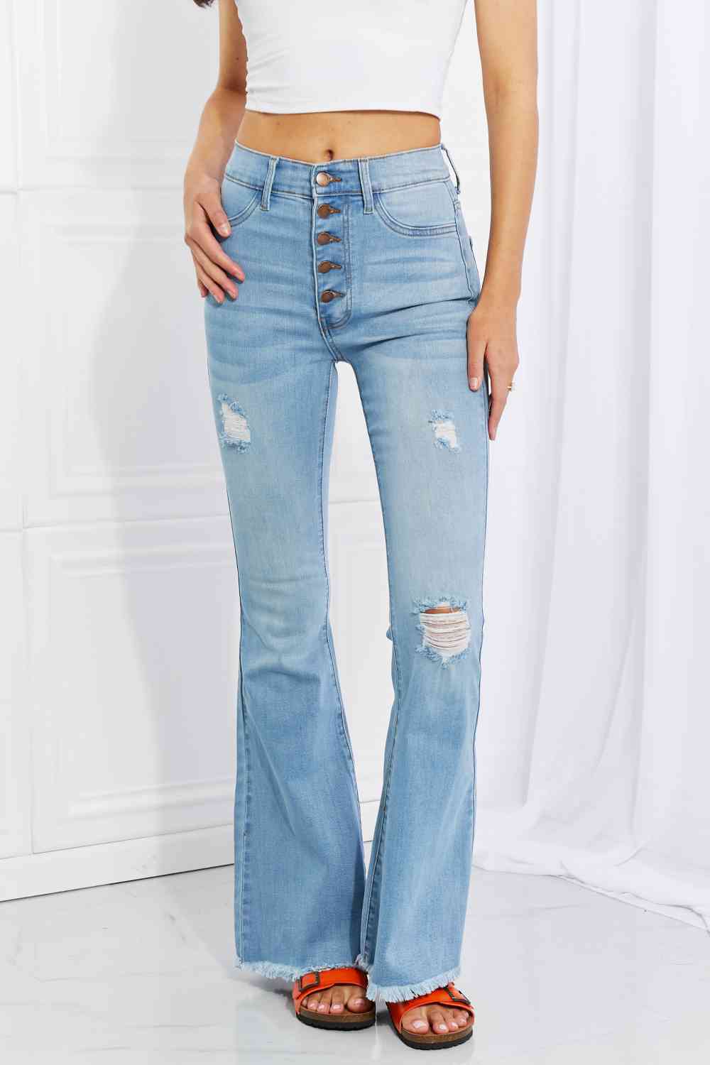 Vibrant MIU Full Size Jess Button Flare Jeans Main image